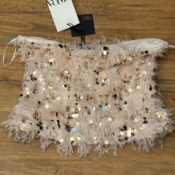 Nwt- zara- FRAYED SEQUIN TOP - Ecru-small - Picture 3 of 4
